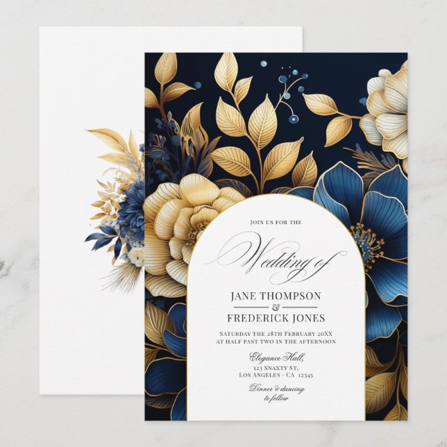 Navy and Gold Floral Wedding Invitation (Front/Back)