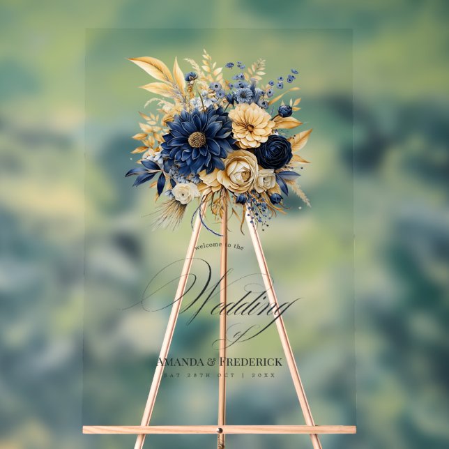 Navy and Gold Floral Wedding Welcome Acrylic Sign (Neutral)
