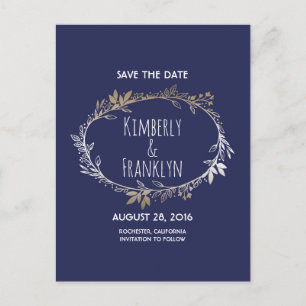 Navy and Gold Floral Wreath Save the Date Announcement Postcard