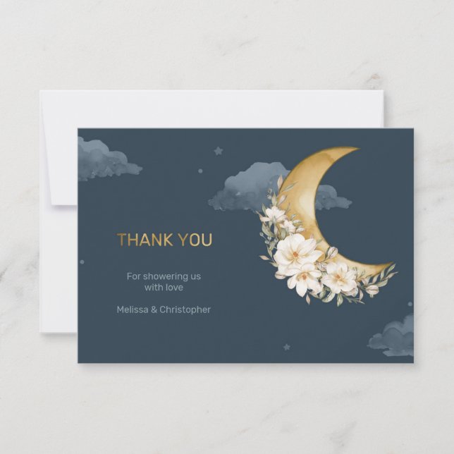 Navy and gold foil over the moon baby shower thank you card (Front)