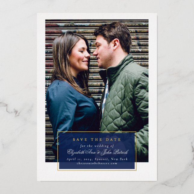 Navy and Gold Foil Script Save The Date (Front)
