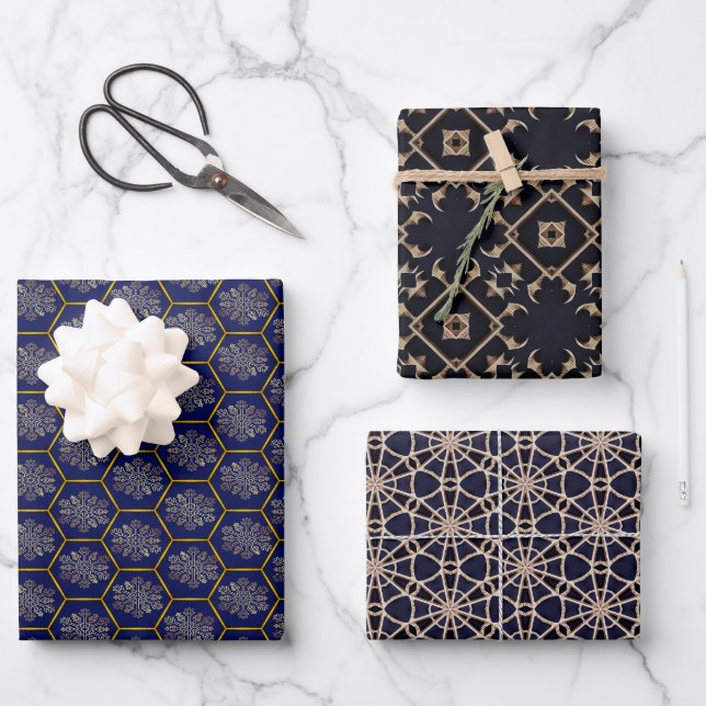 Navy and Gold Geometric Wrapping Paper Set (Front)