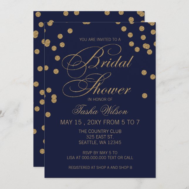 Navy and Gold Glitter  Confetti Bridal Shower Invitation (Front/Back)