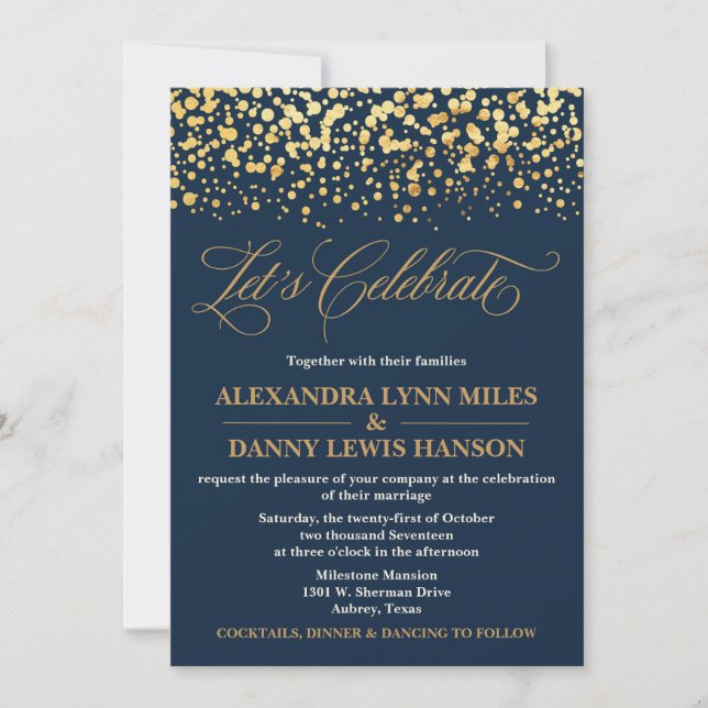Navy and Gold Glitter Confetti Wedding Invitation (Front)