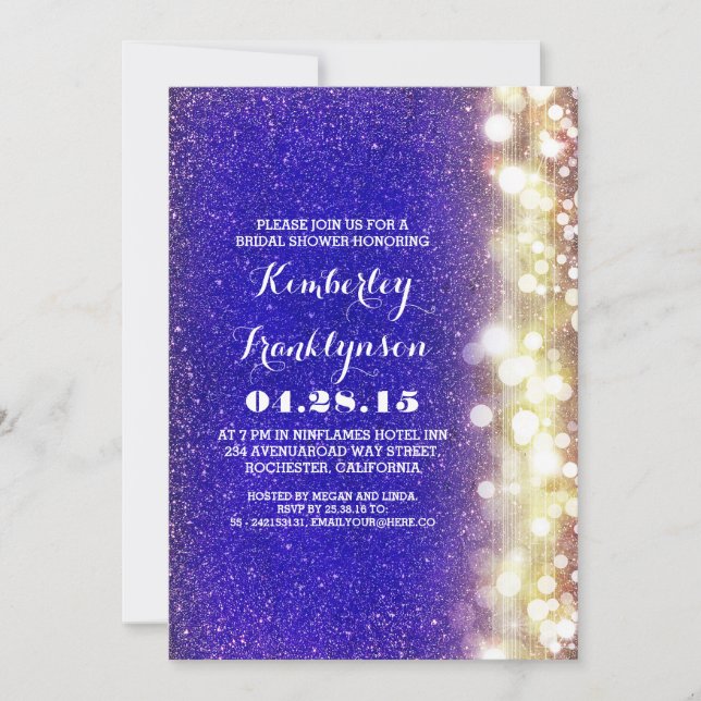 navy and gold glitter lights bridal shower invitation (Front)