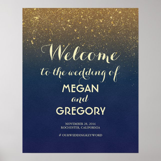 Navy and Gold Glitter Vintage Wedding Welcome Sign (Front)