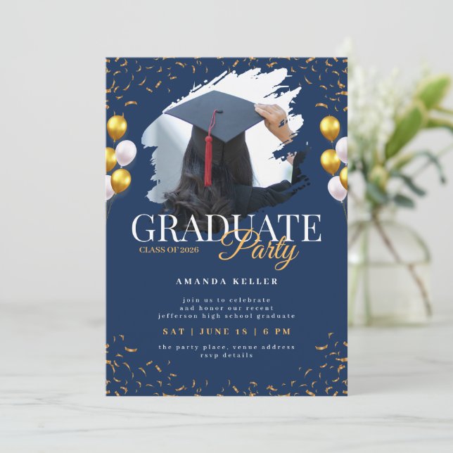 Navy and Gold Graduation Party Invitation (Standing Front)