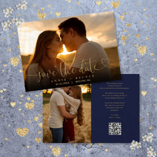 Navy And Gold Heart Script Photo Wedding QR Code Save The Date
