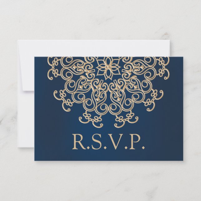NAVY AND GOLD INDIAN STYLE WEDDING RESPONSE CARD (Front)