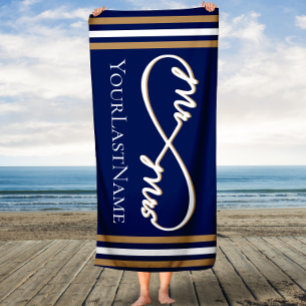 Navy and Gold Infinity Stripes Mr. & Mrs. Beach Towel