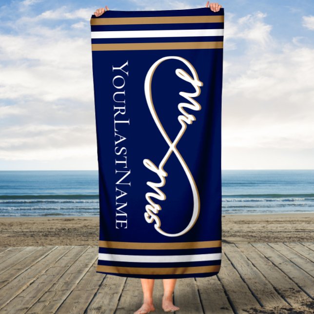 Navy and Gold Infinity Stripes Mr. & Mrs. Beach Towel (Creator Uploaded)