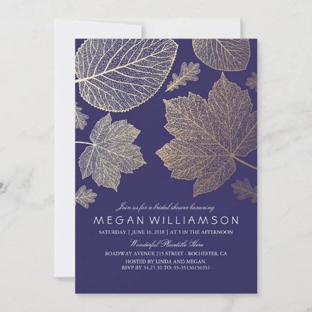 Navy and Gold Leaves Fall Bridal Shower Invitation (Front)