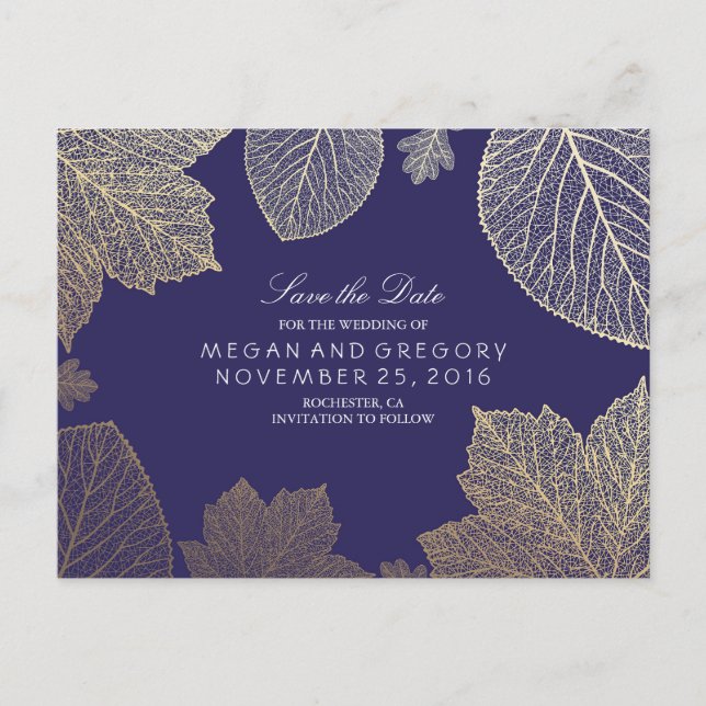 navy and gold leaves fall save the date announcement postcard (Front)