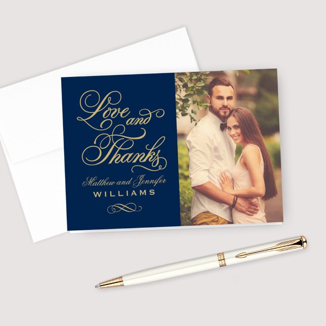 Navy and Gold Love and Thanks Wedding Thank You Card (Creator Uploaded)