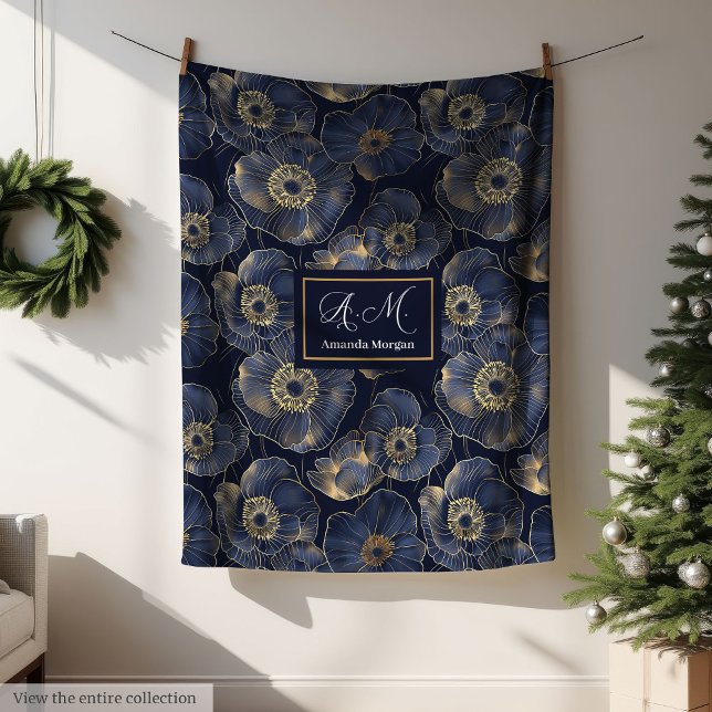 Navy and Gold Lux Blanket Custom Name Floral Gift (Navy and Gold Lux Blanket Custom Name Floral Gift)