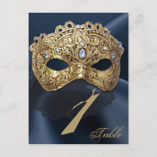 Navy and Gold Masquerade Wedding Table Number Postcard