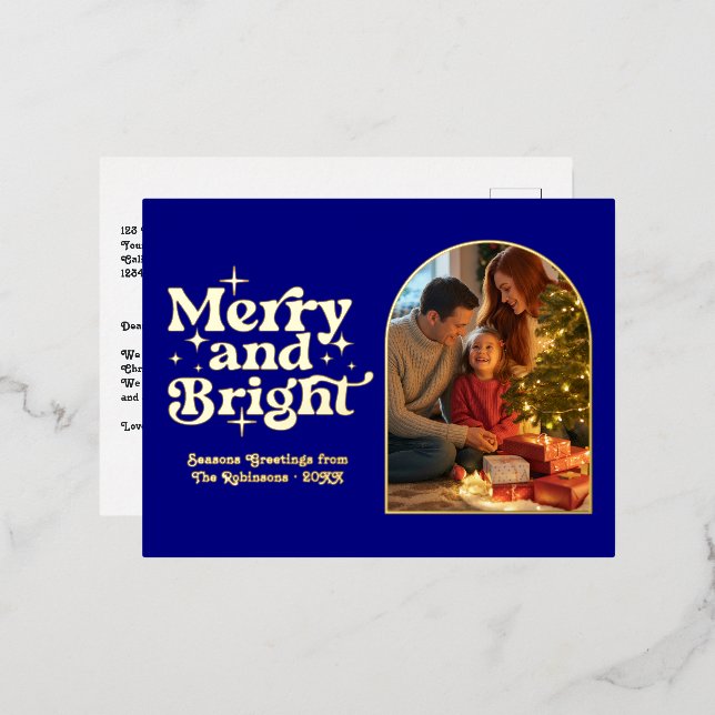 Navy and Gold Merry and Bright Retro Christmas Foil Holiday Postcard (Front/Back)