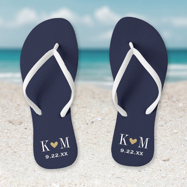 Navy and Gold Modern Wedding Monogram Thongs (Creator Uploaded)