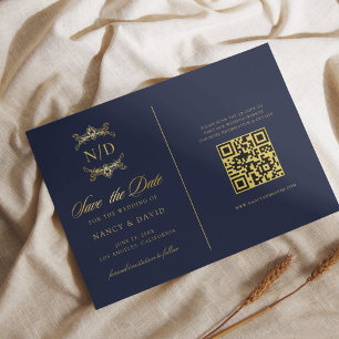 Navy And Gold Monogram Qr Code Wedding Save The Date