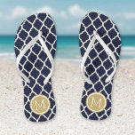 Navy and Gold Moroccan Quatrefoil Monogram Thongs<br><div class="desc">Custom printed flip flop sandals with a stylish Moroccan quatrefoil pattern and your custom monogram or other text in a circle frame. Click Customise It to change text fonts and colours or add your own images to create a unique one of a kind design!</div>