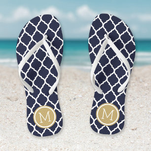Navy and Gold Moroccan Quatrefoil Monogram Thongs