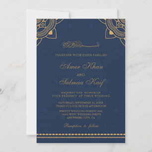 navy and gold muslim wedding Invitations