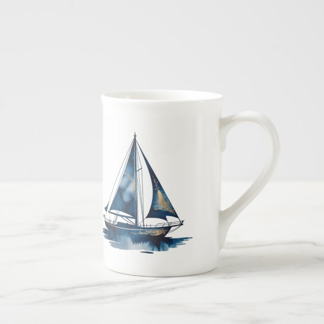 Navy and Gold Nautical Boat Gold Frame Wedding Bone China Mug (Right)