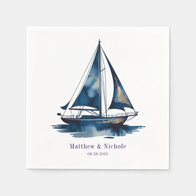 Navy and Gold Nautical Boat Gold Frame Wedding Napkin (Front)