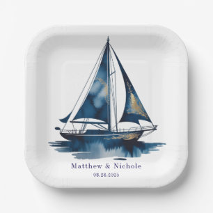 Navy and Gold Nautical Boat Gold Frame Wedding Paper Plate