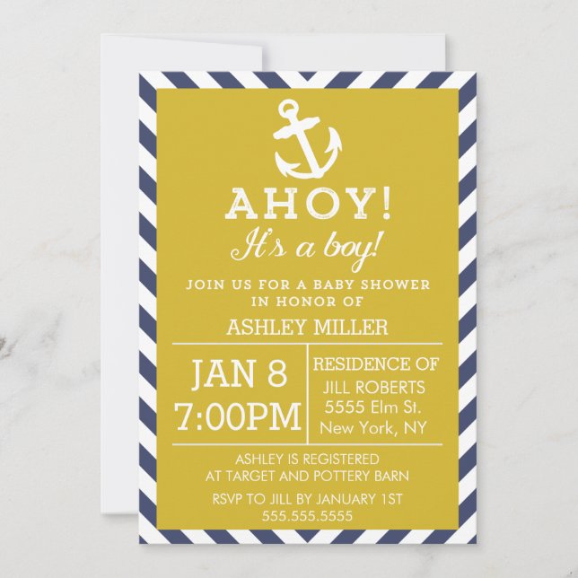 Navy and Gold Nautical Chevron Baby Shower Invitation (Front)