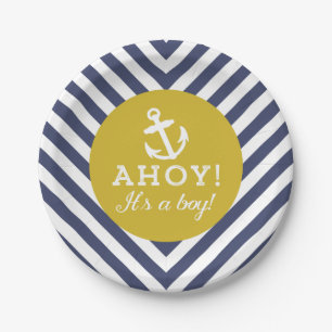 Navy and Gold Nautical Chevron Baby Shower Paper Plate