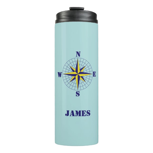 Navy and Gold Nautical Compass Rose with Name Thermal Tumbler (Front)