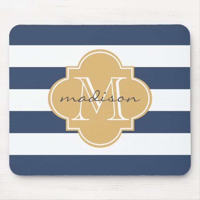 Navy and Gold Nautical Stripes Custom Monogram Mouse Pad (Front)