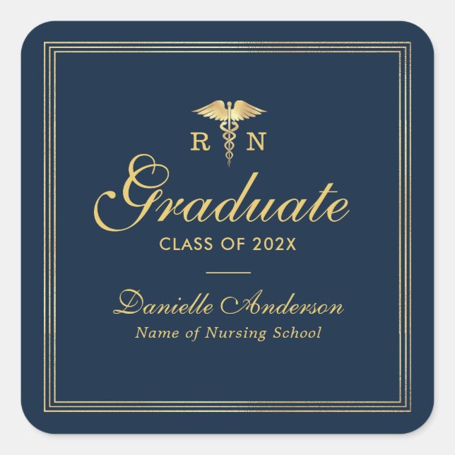 navy and gold nursing graduation  square sticker (Front)