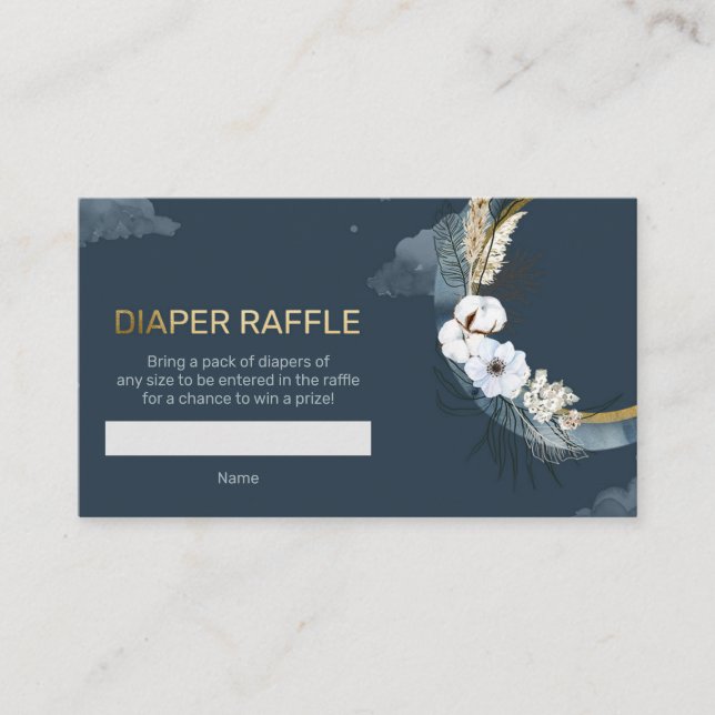 Navy and gold pampas over the moon diaper raffle enclosure card (Front)
