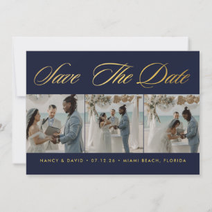 Navy And Gold Photo Collage Beach Wedding Save The Date