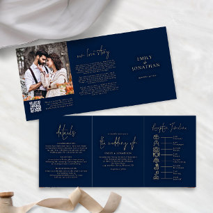 Navy and Gold Photo QR Code Timeline Wedding Tri-Fold Invitation