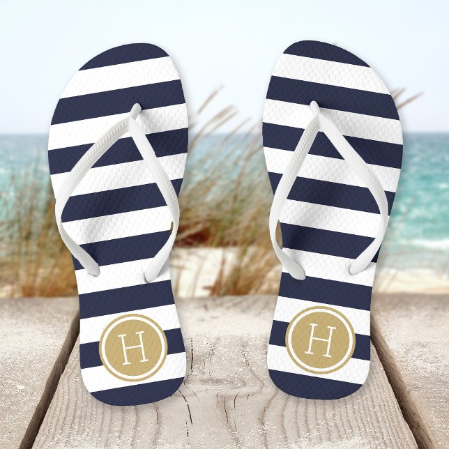 Navy and Gold Preppy Stripes Monogram Thongs (Creator Uploaded)