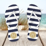 Navy and Gold Preppy Stripes Monogram Thongs<br><div class="desc">Custom printed flip flop sandals with a preppy nautical stripe pattern and your custom monogram or other text in a circle frame. Click Customise It to change text fonts and colours or add your own images to create a unique one of a kind design!</div>