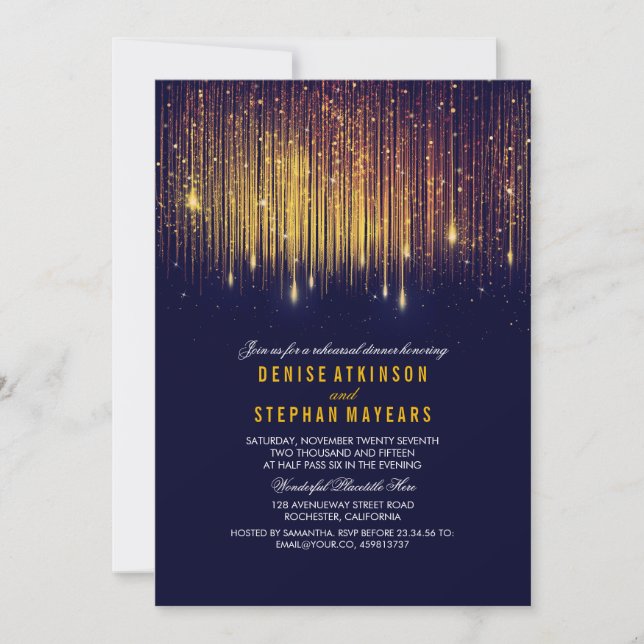 navy and Gold Rehearsal Dinner String Lights Invitation (Front)