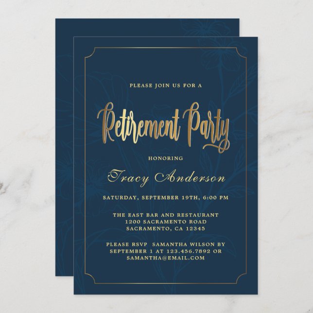 Navy And Gold Retirement Party Invitation (Front/Back)