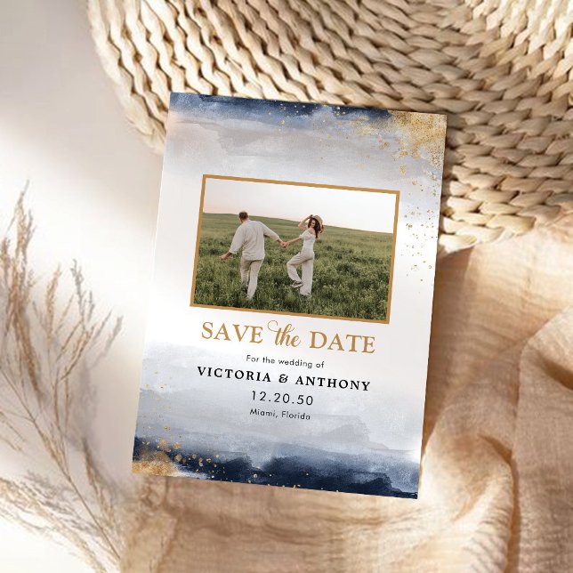 Navy and Gold Save The Date with Photo Card (Creator Uploaded)