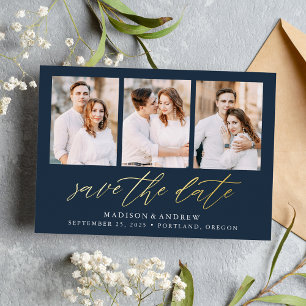 Navy and Gold Script 3 Photo Save the Date