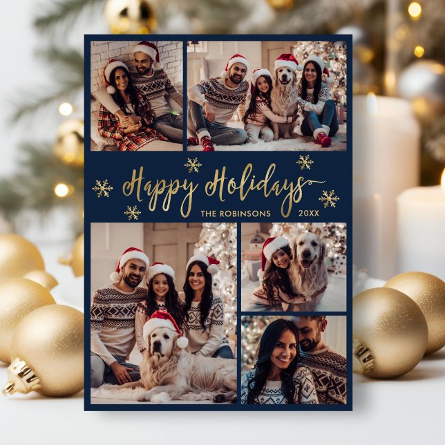 Navy and Gold Snowflake 5 Photo Collage Christmas Holiday Card (Creator Uploaded)