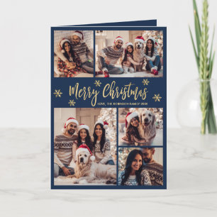 Navy and Gold Snowflake 6 Photo Collage Christmas  Holiday Card
