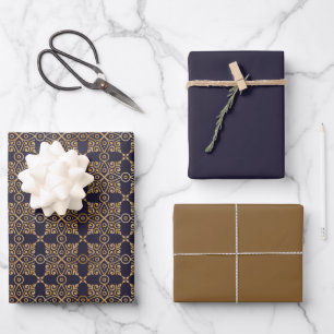 Navy and Gold Square Mandala  Wrapping Paper Sheet