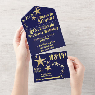 Navy and Gold Stars Cheers to 50 Years Birthday  All In One Invitation