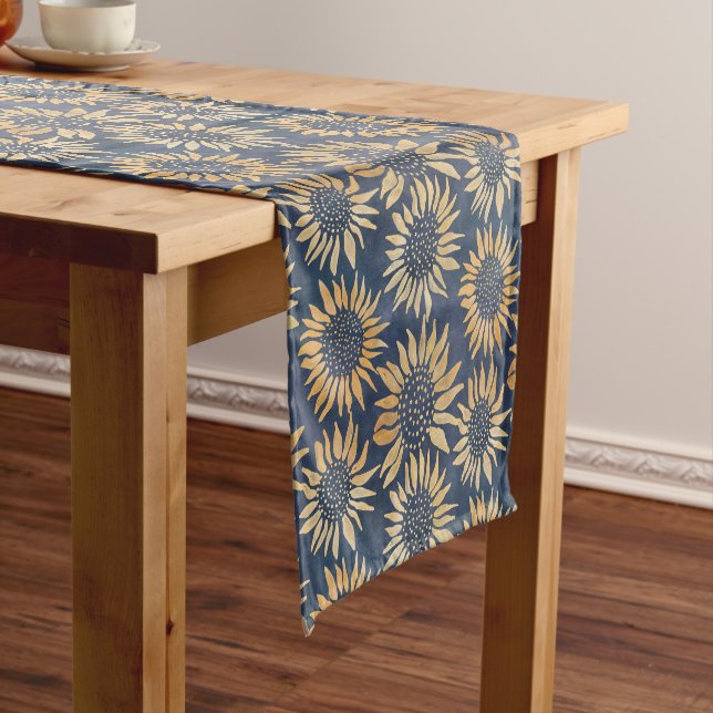 Navy and Gold Sunflower Pattern  Short Table Runner (In Situ)
