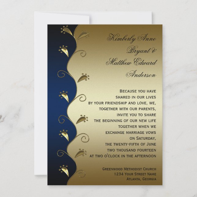 Navy and Gold Swirls Wedding Invitation (Front)