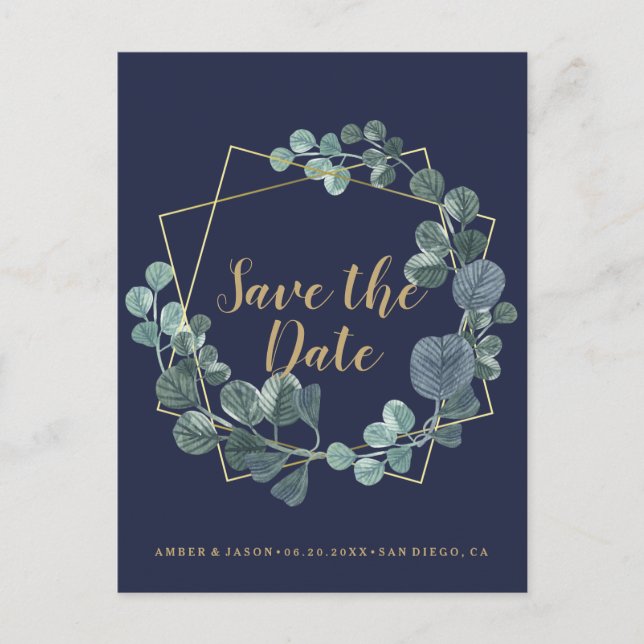 Navy and Gold terrarium botanical Save the Date Postcard (Front)